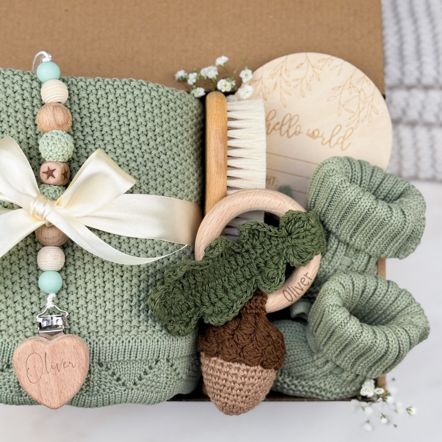 Neutral Baby Gift Box | Sage Green with Acorn