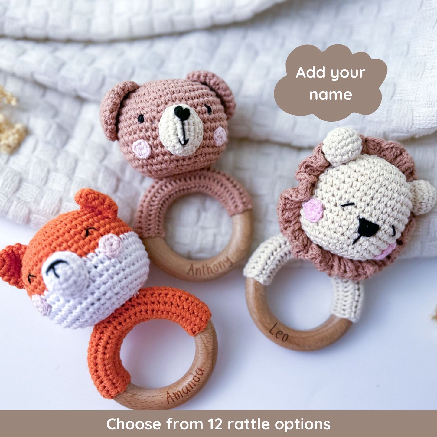 Crochet Animal Rattle with Name Personalization