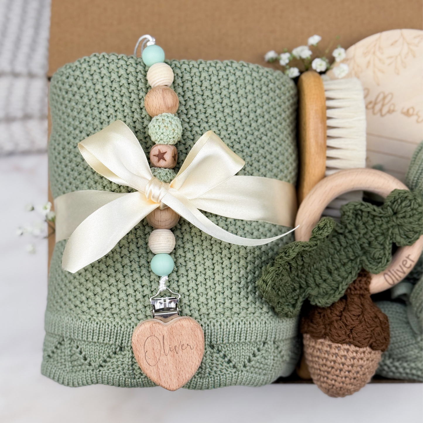 Neutral Baby Gift Box | Sage Green with Acorn