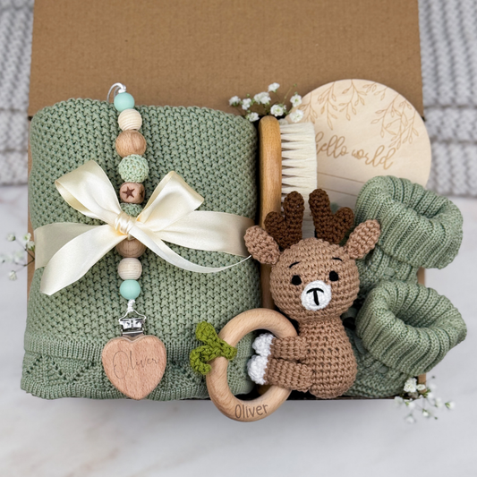 Neutral Baby Gift Box | Sage Green with Elk