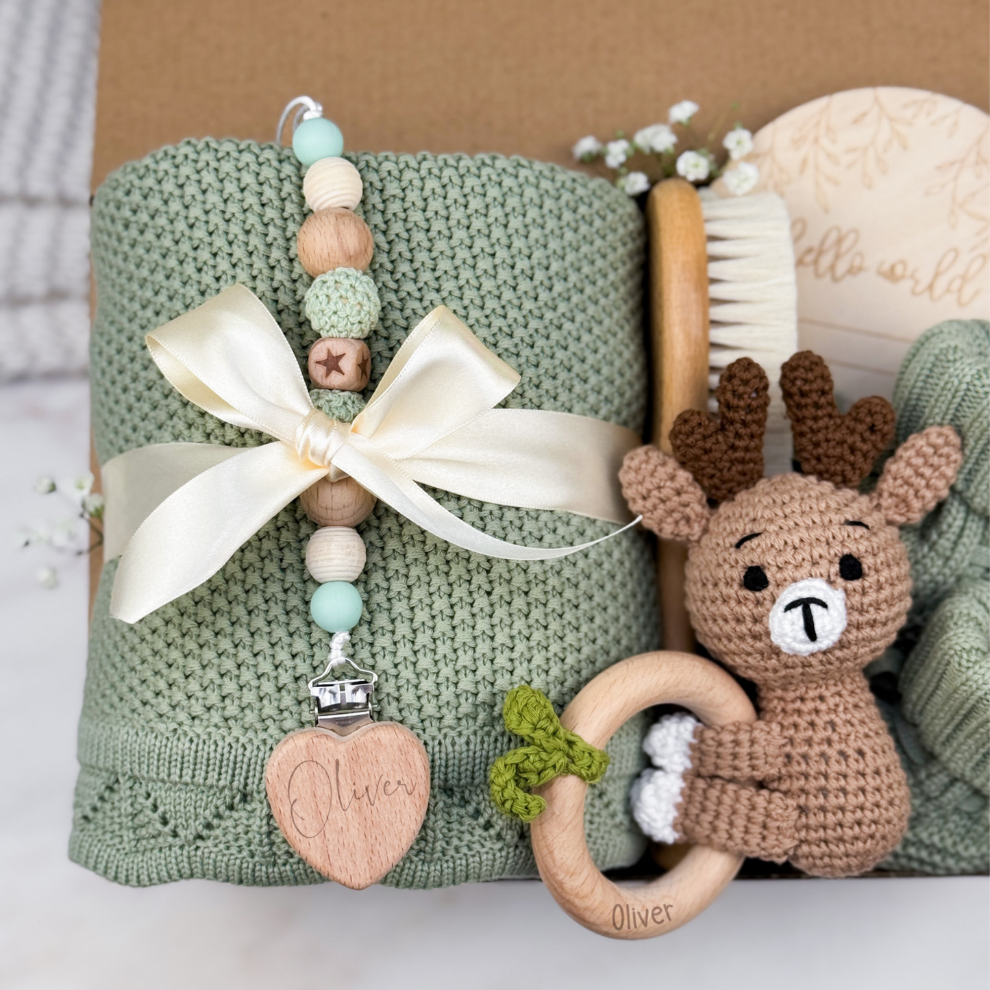 Neutral Baby Gift Box | Sage Green with Elk