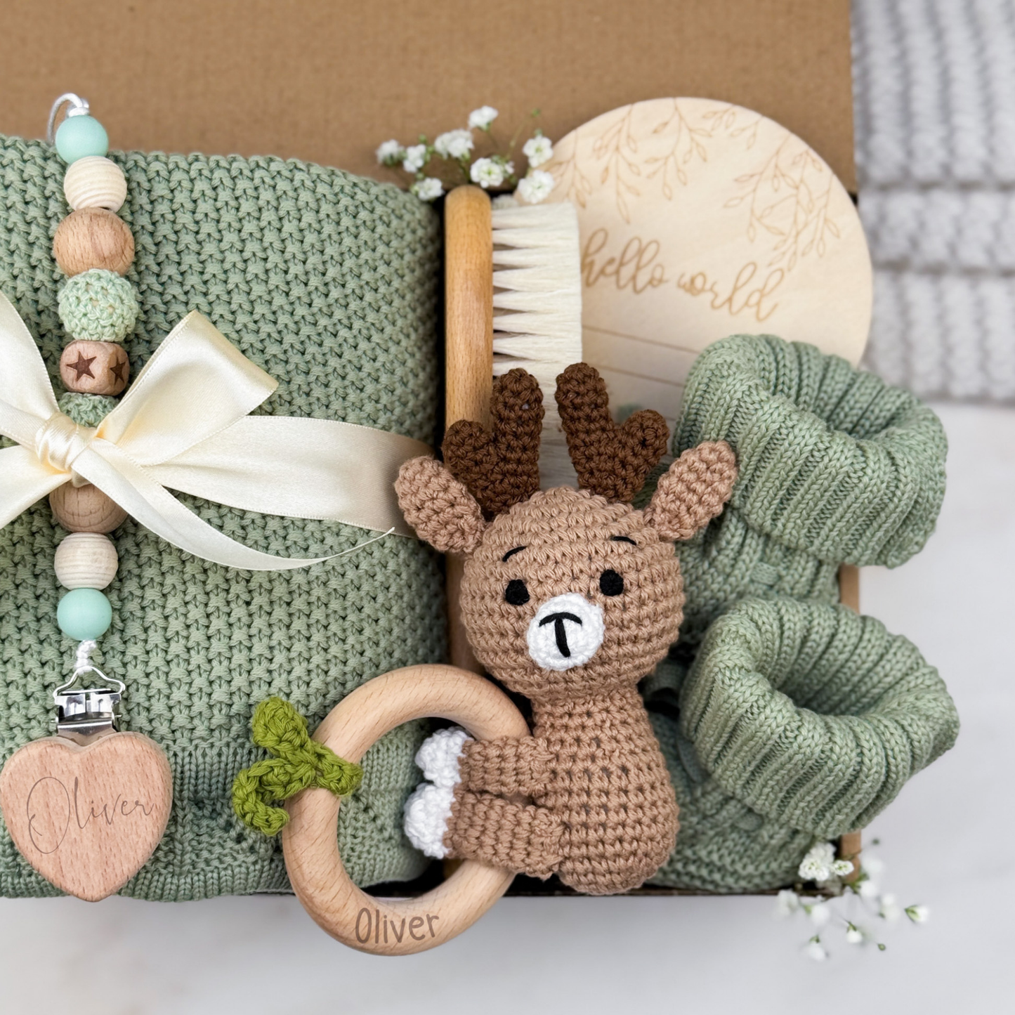 Neutral Baby Gift Box | Sage Green with Elk